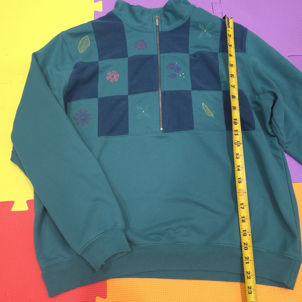 Vintage Koret Quarter Zip Sweatshirt Large Teal Green Embroidered Floral...